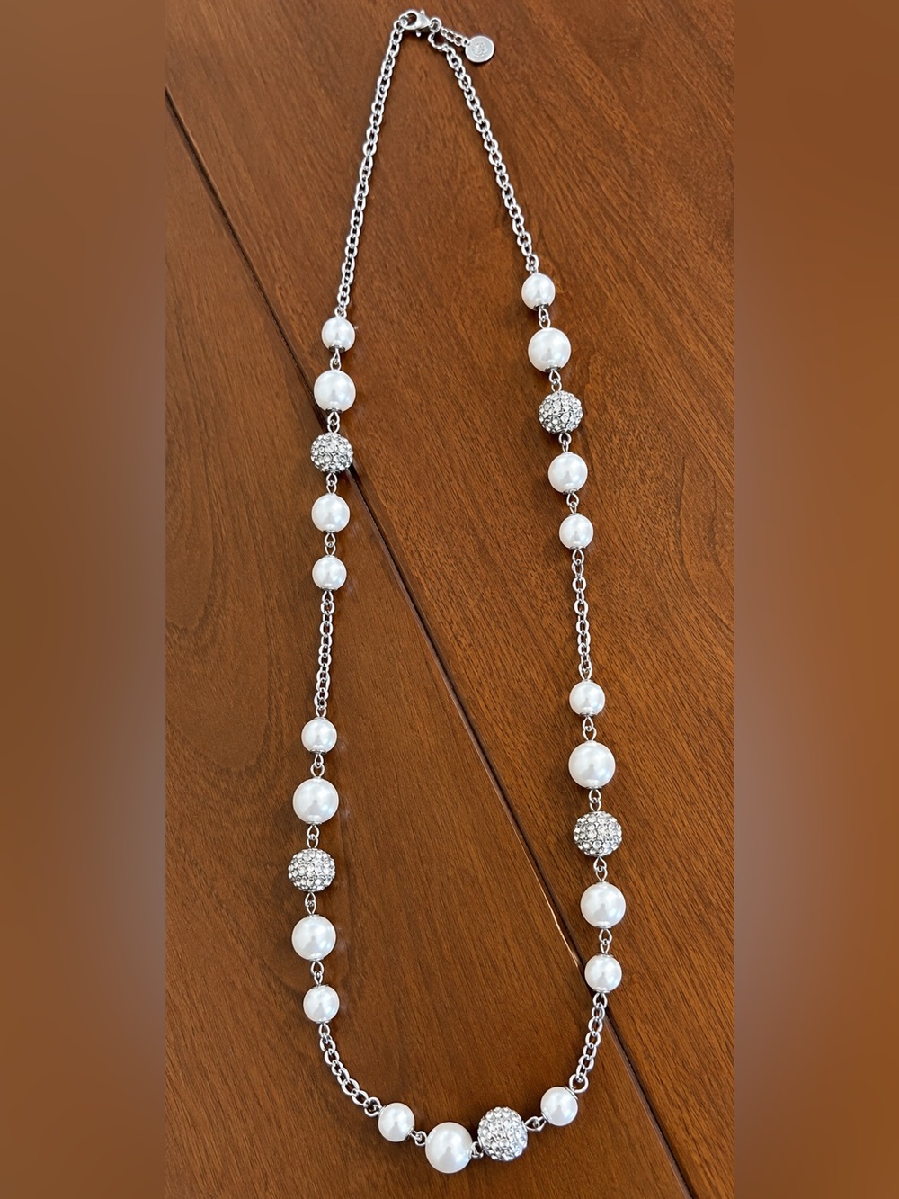 Talbots Faux Pearl Crystal Station Necklace Silver Tone Adjustable